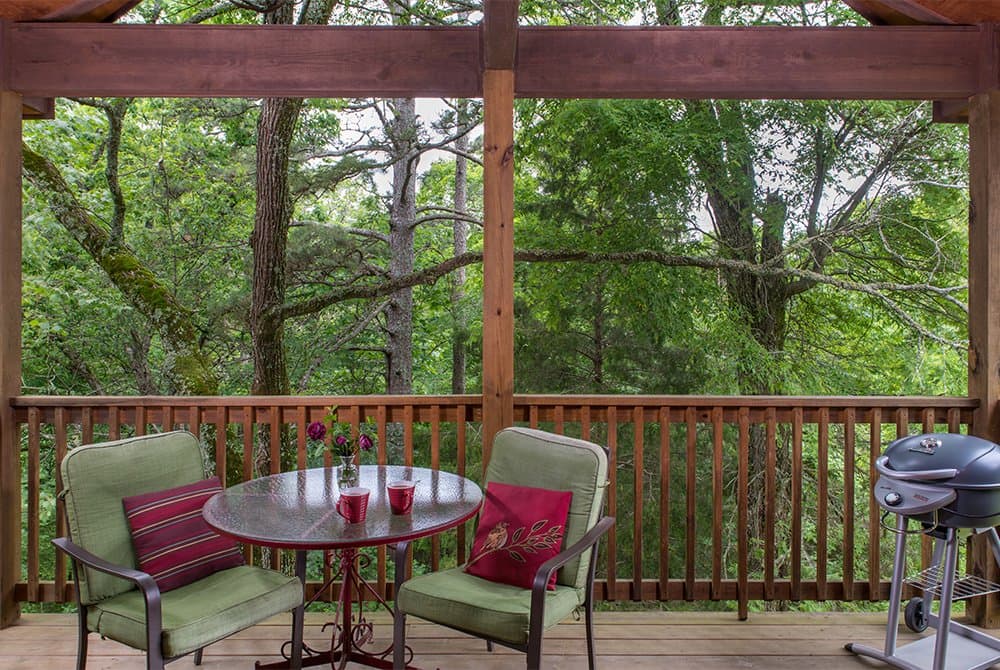 A spacious wooden deck with a dining table, two cushioned chairs, and a BBQ grill, providing a scenic view of a lush green forest through the railing.