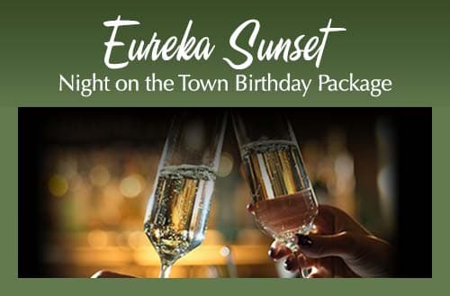 Image of champagne glasses clinking together with text promoting a birthday package called "Eureka Sunset: Night on the Town."